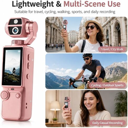Q9 Mini Handheld HD Action Camera with 180° Rotatable Lens & Built-in Screen, Lightweight Wearable Video Recorder for Travel Cycling Daily Use, Mini Tripod Lanyard USB Cable Included, Pink in Kuwait