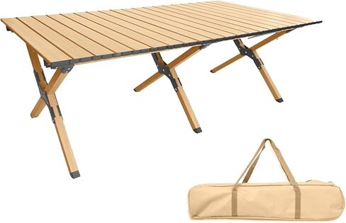 Folding Camping Table, Roll-Up Folding Table with Carry Bag, Portable Aluminum Picnic Table, Low Height Beach Table for Outdoor Use, Travel, BBQ & Hiking, Easy Assembly (Natural) in Kuwait