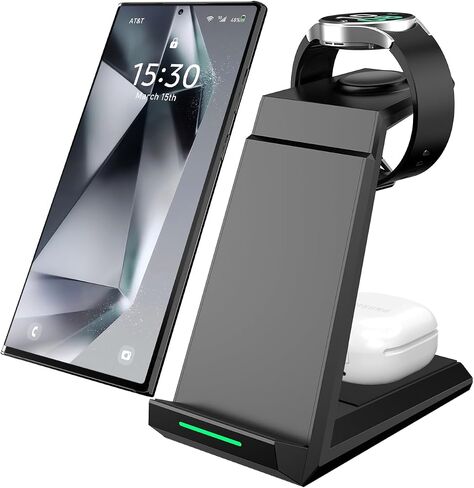 ADADPU 3 in 1 Wireless Charging Station for Samsung Galaxy S26 S25 S24 S23 S22, Charging Stand for Galaxy Watch 8/7/6/5/4/3 (Not for Watch 9/Ultra 2) and Galaxy Buds, 20W Adapter Included in Kuwait