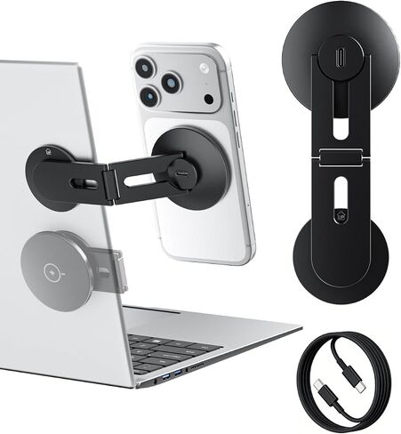 Magnetic Laptop Phone Holder with 15W Fast Wireless Charger, Foldable Hidden Stand Design for MagSafe iPhone 17/16/15/14/13/12, MacBook, Monitor Screen Side & Tesla Model 3/Y/S/X (Black) in Saudi Arabia