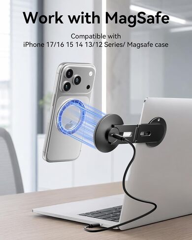 Magnetic Laptop Phone Holder with 15W Fast Wireless Charger, Foldable Hidden Stand Design for MagSafe iPhone 17/16/15/14/13/12, MacBook, Monitor Screen Side & Tesla Model 3/Y/S/X (Black) in Saudi Arabia