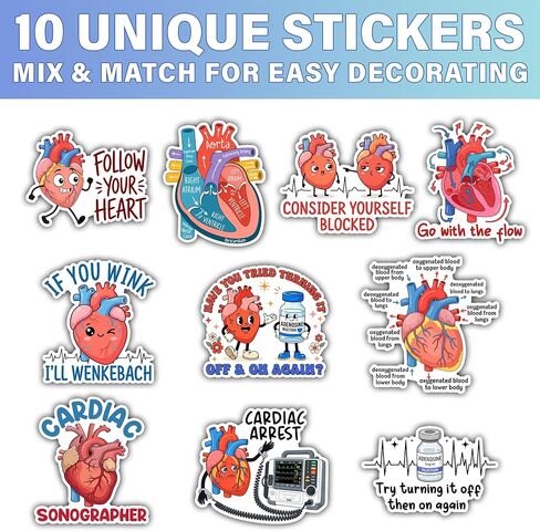 [10pcs x 3''] Heart Anatomy Cardiac Sticker Funny Medical Sticker If You Wink I'll Wenckebach Cardiac Arrest Sticker Gifts for Doctors and Medical Students in Kuwait