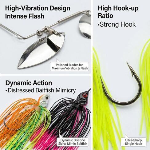 6 Pack Spinner Baits,Chatter Bait，High-Vibration Fishing Lures for Freshwater Bass, and Musky in Stained Waters and Underwater Structures in Kuwait