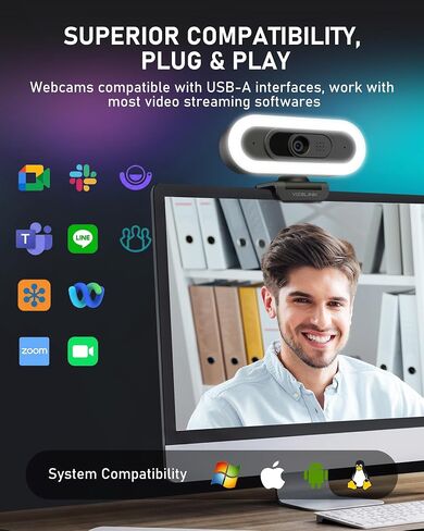 4K Webcam with Lights, PDAF Autofocus Computer Camera for PC/Mac, 78°FOV Web cam with 2 Noise-Canceling Microphone, USB Computer Web Camera for Laptop, Mac, Zoom in Kuwait
