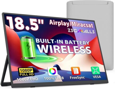 ZSCMALLS Battery Wireless Portable Monitor, 8000mAh 15.6" 1080P IPS USB-C/HDMI Second Screen, Built-in Speakers, Support AirPlay/Miracast for Laptop/Phone/Tablet/Switch/Xbox, Carry Bag Included in Kuwait