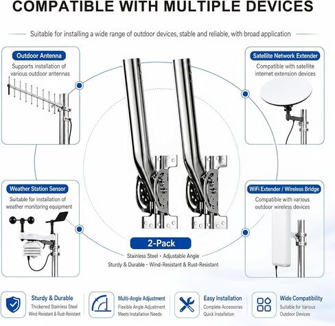 Universal Heavy Duty 430 Stainless Steel Antenna Mount Pole – 1.38" Dia x 14.6" L Mast for Wireless Bridges, Outdoor Antennas, Starlink, Weather Stations & WiFi Extenders, Silver (2-Pack) in Kuwait