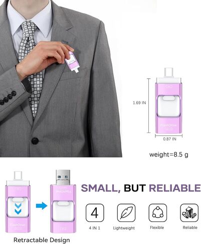 Flash Drive for Phone 256GB, 4 in 1 USB Type C Memory Stick, Photo Stick External Storage Thumb Drive for Phone Pad Android Computer, Titanium Purple in Kuwait