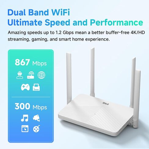 DBIT AC1200 WiFi Router 2.4GHz +5GHz Dual Band MU-MIMO Wireless Internet Router with 4 Gigabit Ethernet Ports, 4 x 5dBi Antennas, Bridge & Repeater Mode, EasyMesh, Guest Network (T18-21K) in Kuwait