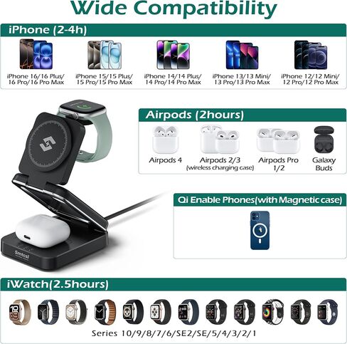 Smtcsl 3-in-1 Foldable Wireless Charging Station: Magnetic Charger Pad Compatible with Phone air 17 16 15 14 13 12 Series/Watch/Air Pods - Portable Folding Stand for Travel in Kuwait