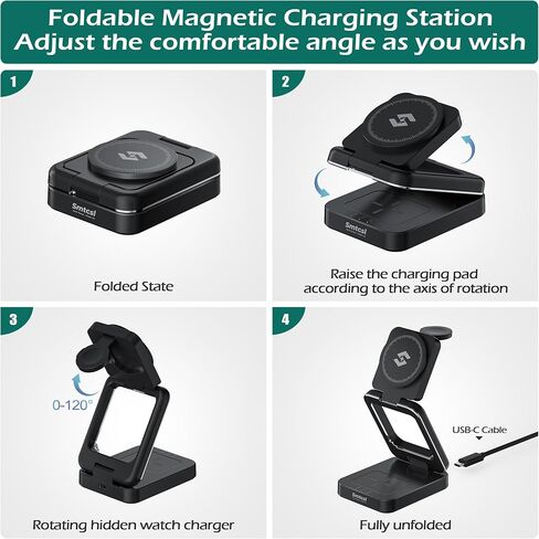 Smtcsl 3-in-1 Foldable Wireless Charging Station: Magnetic Charger Pad Compatible with Phone air 17 16 15 14 13 12 Series/Watch/Air Pods - Portable Folding Stand for Travel in Kuwait