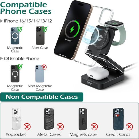 Smtcsl 3-in-1 Foldable Wireless Charging Station: Magnetic Charger Pad Compatible with Phone air 17 16 15 14 13 12 Series/Watch/Air Pods - Portable Folding Stand for Travel in Kuwait