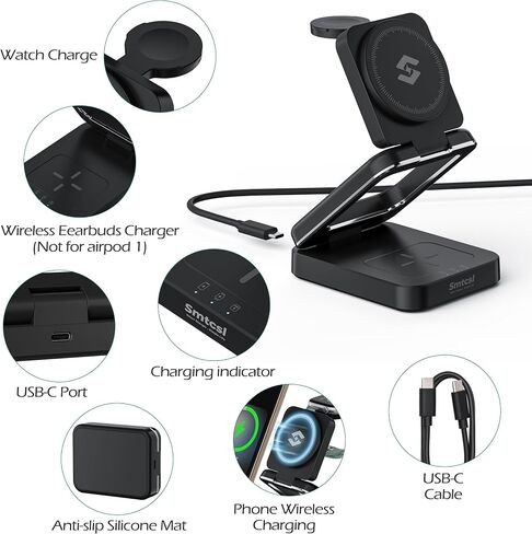Smtcsl 3-in-1 Foldable Wireless Charging Station: Magnetic Charger Pad Compatible with Phone air 17 16 15 14 13 12 Series/Watch/Air Pods - Portable Folding Stand for Travel in Kuwait