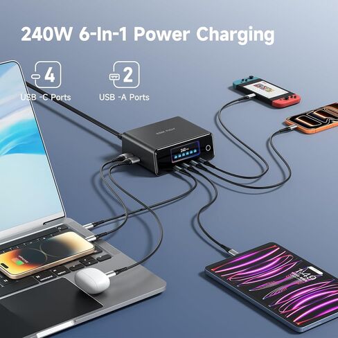 240W GaN Charger, 6-Port USB C Charger with 140W Max PD 3.1 Port, TFT-Screen Display Desktop Charging Station Adapter for MacBook Pro/Air M3/M2, Laptops, iPhone 17/16, Galaxy S24/S23, iPad, Steam Deck in Kuwait