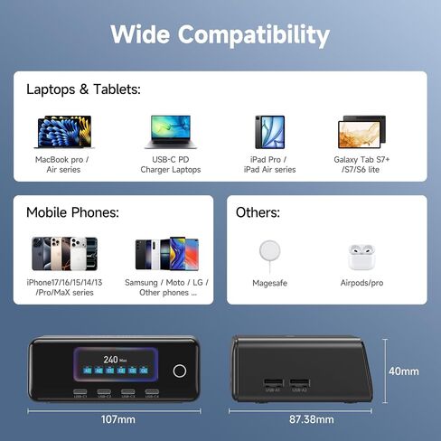 240W GaN Charger, 6-Port USB C Charger with 140W Max PD 3.1 Port, TFT-Screen Display Desktop Charging Station Adapter for MacBook Pro/Air M3/M2, Laptops, iPhone 17/16, Galaxy S24/S23, iPad, Steam Deck in Kuwait