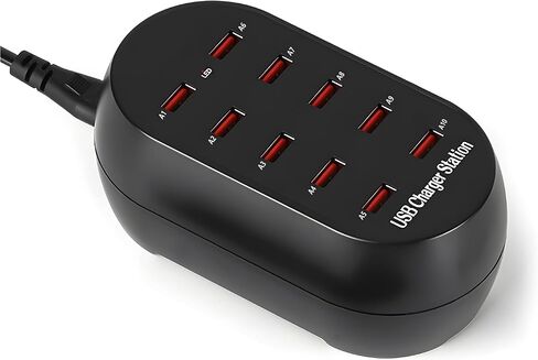 10-Port USB Charging Station, 50W Multi-Device Charger Hub, Desktop Power Dock for Smartphones, for iPhone, Samsung Galaxy, iPad, Tablet, Drones, Headphones,Black in Kuwait