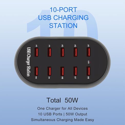 10-Port USB Charging Station, 50W Multi-Device Charger Hub, Desktop Power Dock for Smartphones, for iPhone, Samsung Galaxy, iPad, Tablet, Drones, Headphones,Black in Kuwait