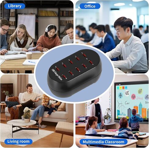 10-Port USB Charging Station, 50W Multi-Device Charger Hub, Desktop Power Dock for Smartphones, for iPhone, Samsung Galaxy, iPad, Tablet, Drones, Headphones,Black in Kuwait