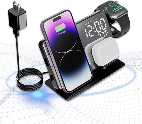 4-in-1 Wireless Charging Station for Apple Devices, 18W Fast Charge Wireless Charger Alarm Clock and Temperature Display, Wireless Charger Stand for iPhone 17 16 15 14 13 12, Apple Watch in Kuwait