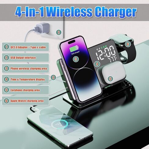 4-in-1 Wireless Charging Station for Apple Devices, 18W Fast Charge Wireless Charger Alarm Clock and Temperature Display, Wireless Charger Stand for iPhone 17 16 15 14 13 12, Apple Watch in Kuwait
