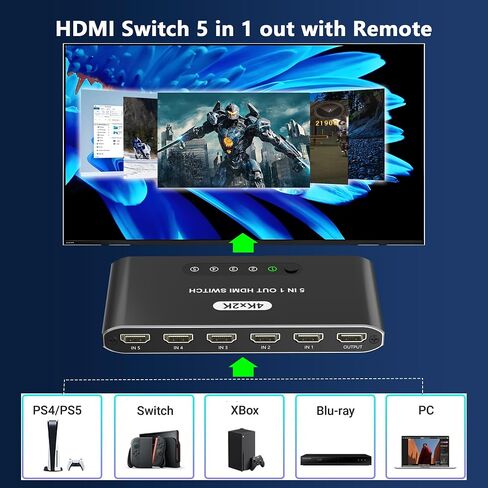 5 in 1 HDMI Switch with Remote 4K, 5 Port HDMI Switcher, HDMI Selector Splitter Box with LED Indicators, Game Switcher Hub with USB Powered for PS5 Xbox Fire Stick Roku TV Monitor in Saudi Arabia