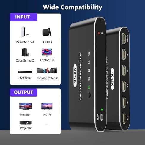 5 in 1 HDMI Switch with Remote 4K, 5 Port HDMI Switcher, HDMI Selector Splitter Box with LED Indicators, Game Switcher Hub with USB Powered for PS5 Xbox Fire Stick Roku TV Monitor in Saudi Arabia