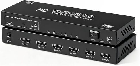2x4 HDMI Switch Splitter 2 in 4 Out w/Remote, 4K@60Hz Down Scaler in Kuwait