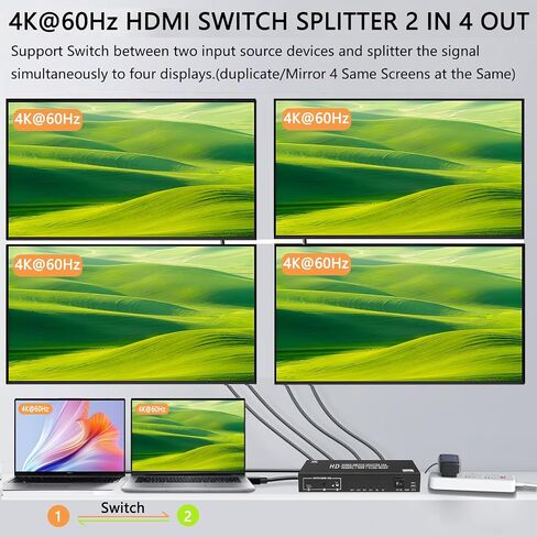 2x4 HDMI Switch Splitter 2 in 4 Out w/Remote, 4K@60Hz Down Scaler in Kuwait