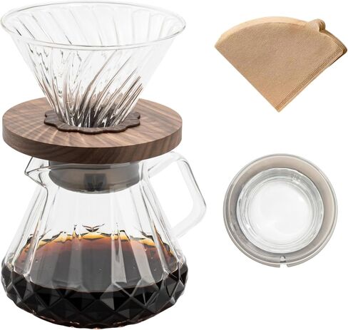 Pour Over Coffee Maker 24 oz/700 ml, Pour Over Coffee Dripper with 40 Filters, Borosilicate Glass Carafe, Walnut Handle, Lid, Clear, For Home Café Camping (24 OZ/700 ML) in Saudi Arabia