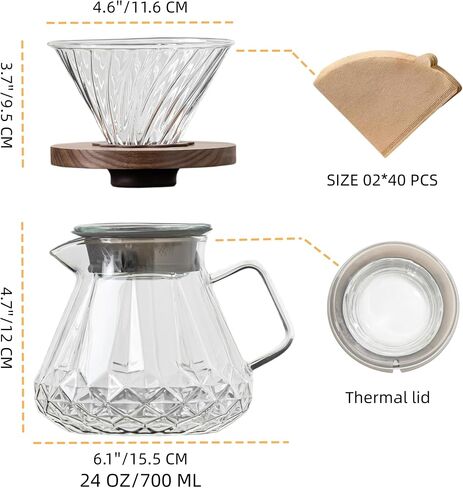 Pour Over Coffee Maker 24 oz/700 ml, Pour Over Coffee Dripper with 40 Filters, Borosilicate Glass Carafe, Walnut Handle, Lid, Clear, For Home Café Camping (24 OZ/700 ML) in Saudi Arabia