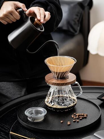 Pour Over Coffee Maker 24 oz/700 ml, Pour Over Coffee Dripper with 40 Filters, Borosilicate Glass Carafe, Walnut Handle, Lid, Clear, For Home Café Camping (24 OZ/700 ML) in Saudi Arabia