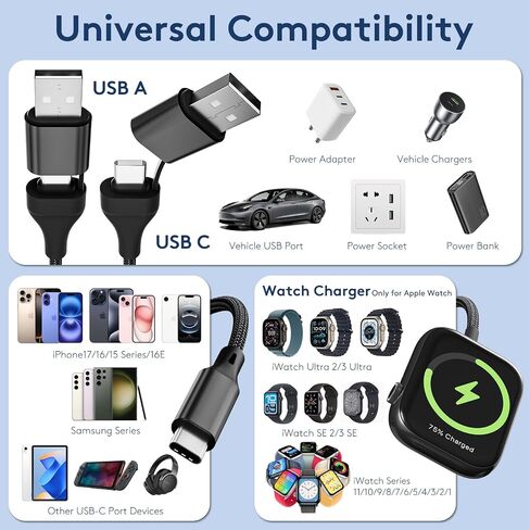 2-in-2 USB A/C to iWatch/USB C Multiple Portable Travel Charger Cable in Kuwait