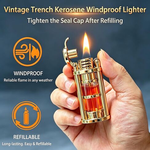 Vintage Trench Lighters, Transparent Oil Tank, Unique Kerosene Soft Flame Lighter Fluid Refillable, Cool Metal Trench Lighter, Gifts for Men, Birthday, Father’s Day, Valentine’s Day (Gold, No Fuel) in Kuwait