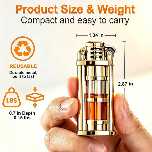 Vintage Trench Lighters, Transparent Oil Tank, Unique Kerosene Soft Flame Lighter Fluid Refillable, Cool Metal Trench Lighter, Gifts for Men, Birthday, Father’s Day, Valentine’s Day (Gold, No Fuel) in Kuwait