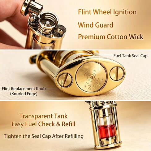 Vintage Trench Lighters, Transparent Oil Tank, Unique Kerosene Soft Flame Lighter Fluid Refillable, Cool Metal Trench Lighter, Gifts for Men, Birthday, Father’s Day, Valentine’s Day (Gold, No Fuel) in Kuwait