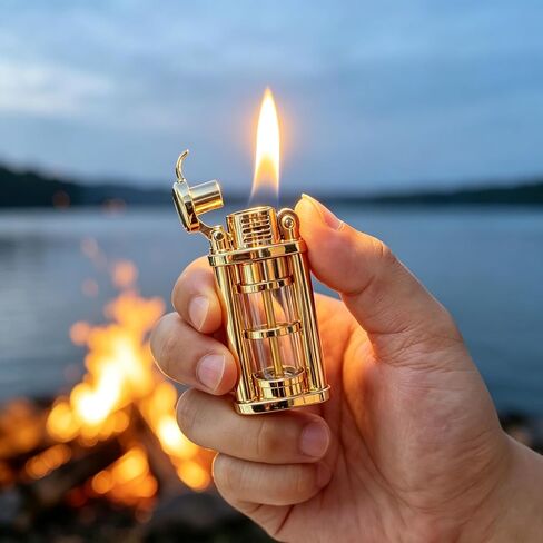 Vintage Trench Lighters, Transparent Oil Tank, Unique Kerosene Soft Flame Lighter Fluid Refillable, Cool Metal Trench Lighter, Gifts for Men, Birthday, Father’s Day, Valentine’s Day (Gold, No Fuel) in Kuwait