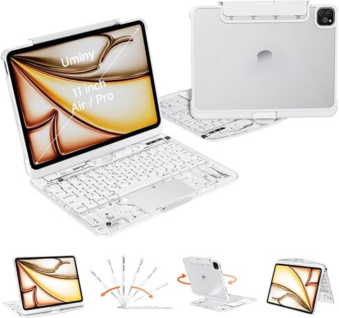 Transparent Keyboard Case for iPad Air 11" (M3 2025/M2 2024), Air 5th/4th Gen 10.9" & iPad Pro 11" (4th-1st) - Multi-Touch Trackpad, 360° Rotating Stand, 7-Color Backlit, Pencil Holder, White in Kuwait