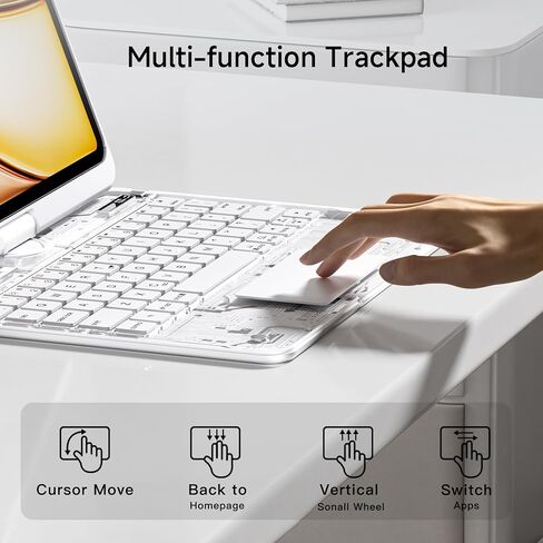 Transparent Keyboard Case for iPad Air 11" (M3 2025/M2 2024), Air 5th/4th Gen 10.9" & iPad Pro 11" (4th-1st) - Multi-Touch Trackpad, 360° Rotating Stand, 7-Color Backlit, Pencil Holder, White in Kuwait