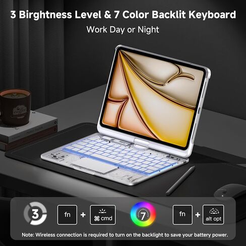 Transparent Keyboard Case for iPad Air 11" (M3 2025/M2 2024), Air 5th/4th Gen 10.9" & iPad Pro 11" (4th-1st) - Multi-Touch Trackpad, 360° Rotating Stand, 7-Color Backlit, Pencil Holder, White in Kuwait
