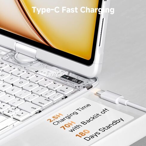 Transparent Keyboard Case for iPad Air 11" (M3 2025/M2 2024), Air 5th/4th Gen 10.9" & iPad Pro 11" (4th-1st) - Multi-Touch Trackpad, 360° Rotating Stand, 7-Color Backlit, Pencil Holder, White in Kuwait