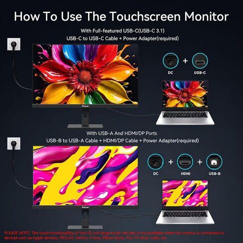 32 Inch 4K Touch Monitor, 144Hz UHD 3840x2160 Desktop Monitor 10-Point Touchscreen, HDMI 2.1 & DP 1.4 & Type-C, HDR 400, Height-Adjustable & Rotatable Stand VESA Mountable External Touch Screen for PC in Kuwait