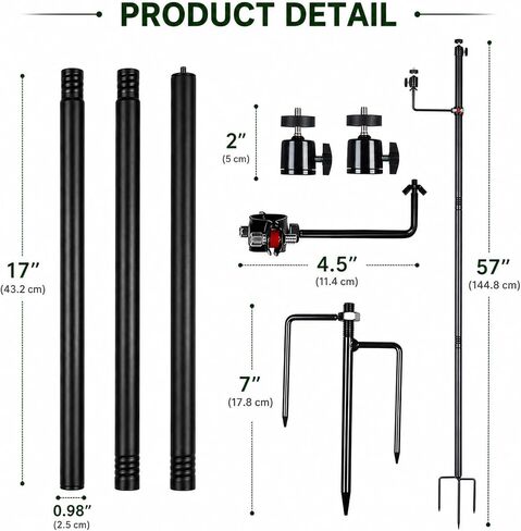 Professional Trail Camera Mount, 57" Extra Tall Wildlife Camera Stand with Dual 1/4"-20 Ball Heads, Adjustable Side Arm, Tool-Free Ground Stake for Hunting, Game Camera (3, Black, 57") in Kuwait