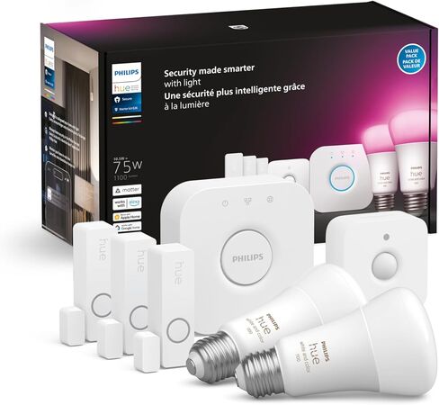 Philips Hue Secure Starter Kit with Bridge, Wired Security Camera, (2) Secure Contact Sensor, (2) 75W A19 Bulb, White & Color Ambiance, Works with Security Center in Hue App in Saudi Arabia