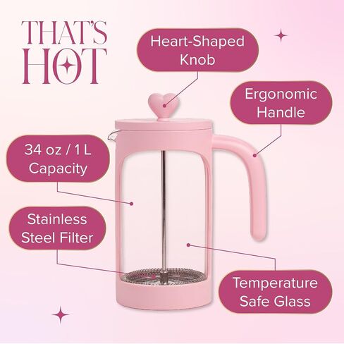 Paris Hilton French Press Coffee Maker, 8-Cup Coffee Press with Heart Knob Lid, Temperature Safe Glass and Stainless Steel Filter, Pink in Kuwait