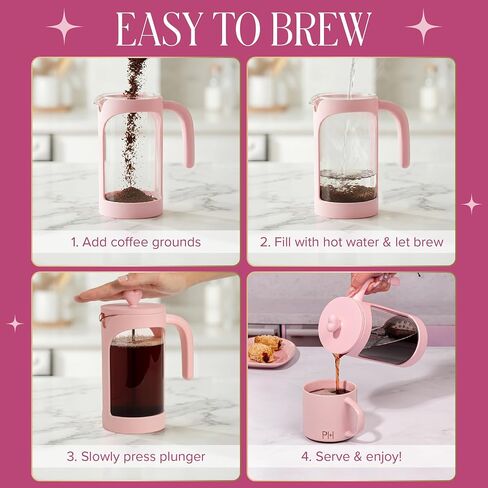 Paris Hilton French Press Coffee Maker, 8-Cup Coffee Press with Heart Knob Lid, Temperature Safe Glass and Stainless Steel Filter, Pink in Kuwait