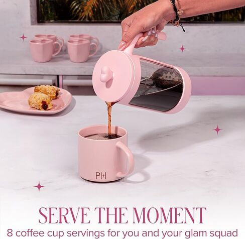 Paris Hilton French Press Coffee Maker, 8-Cup Coffee Press with Heart Knob Lid, Temperature Safe Glass and Stainless Steel Filter, Pink in Kuwait