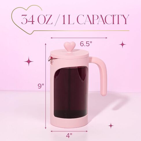 Paris Hilton French Press Coffee Maker, 8-Cup Coffee Press with Heart Knob Lid, Temperature Safe Glass and Stainless Steel Filter, Pink in Kuwait