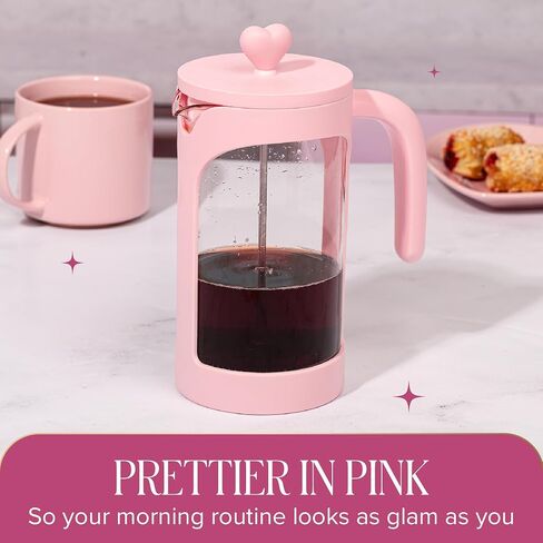 Paris Hilton French Press Coffee Maker, 8-Cup Coffee Press with Heart Knob Lid, Temperature Safe Glass and Stainless Steel Filter, Pink in Kuwait