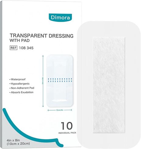 Dimora Waterproof Transparent Film Dressing with Pad, Large Clear Bandage Tape for Wound Care, Adhesive Post Surgical Cover Pad，for IV Shield, Tattoo Aftercare, Shower Protector 4x8 inch 10 Packs in Kuwait