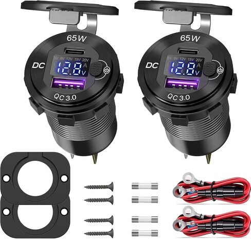 12V USB C Outlet 65W PD+QC 3.0 Waterproof Voltmeter Switch Aluminum Marine in Kuwait