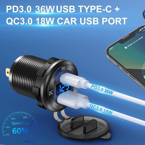 Motorcycle USB C Charger 12V Outlet [36W PD+18W QC] Waterproof Car Adapter in Kuwait